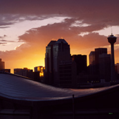 Calgary, Alberta at sunset, with the Saddledome in the foreground