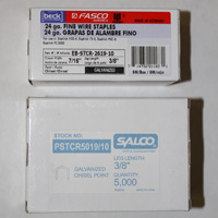 Fasco EB-STCR-2619-10 Crown Width 7/16 inch - Leg Length 3/8 inch 
		Salco PSTCR5019/10 Leg Length 3/8 inch