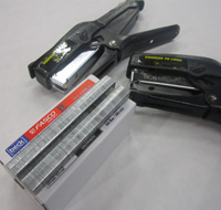 A heavy duty, handheld stapler with #6 or #8 staples works well