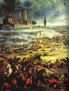 A painting depicting the Battle of Puebla against the French, artist unknown