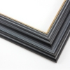 This stepped, reverse scoop frame with raised outer edge features a blue-grey wash that highlights the natural wood grain.  The recesses of the profile are a whiter shade, and cracked gold foil adorns the inner lip.

1.75 " width: ideal for medium size images.  A wide variety of photographs, paintings and prints will be enhanced within this unique frame.